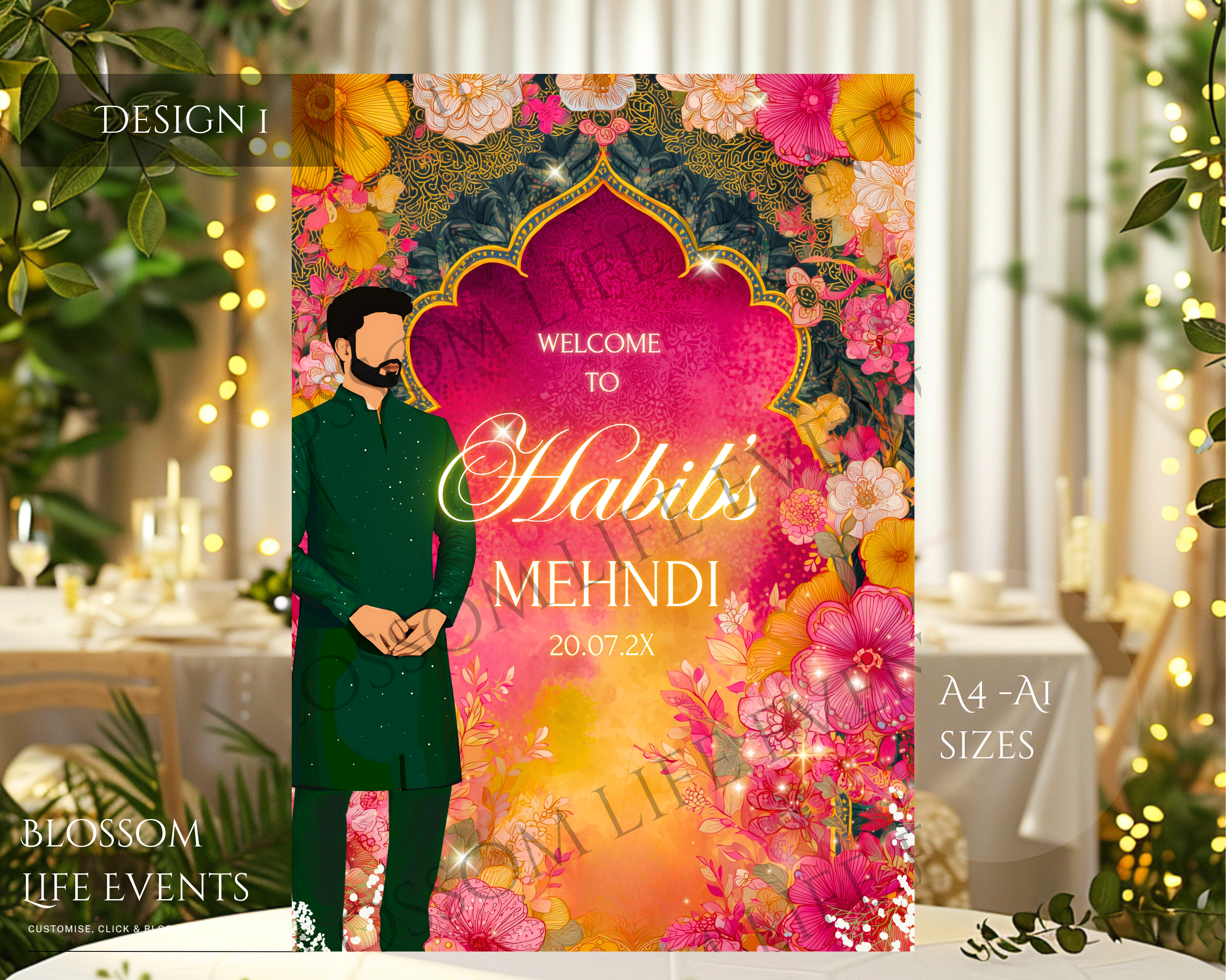A1 Groom’s Mehndi Sign | Floral Arch Custom Foamboard Wedding Decoration UK