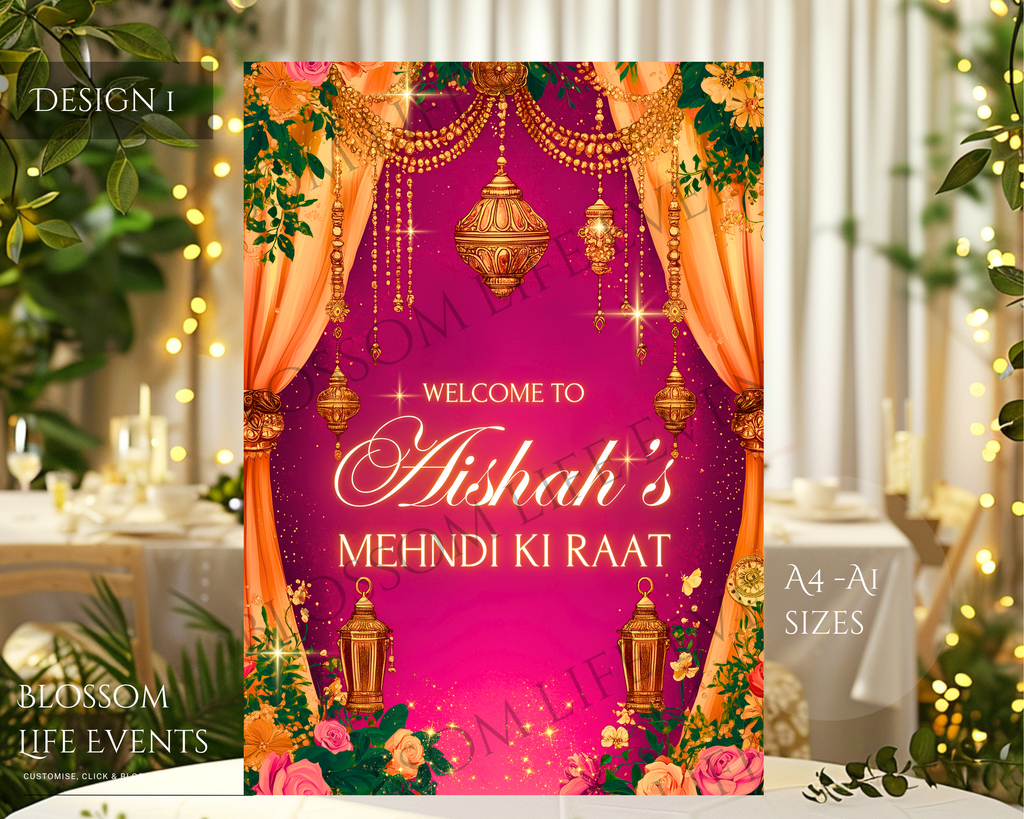 Mehndi Sign | A1 Foam Board for Dholki | Mehendi Ki Raat | Hot Pink and Yellow