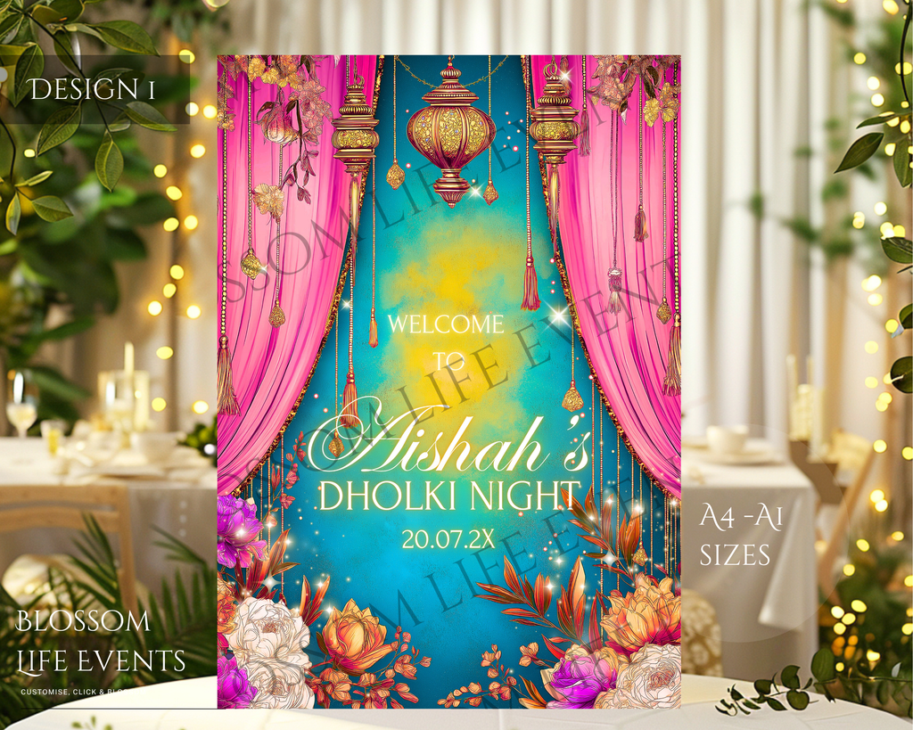 Pastel Mehndi Dholki Sign A1 | Custom Wedding Welcome Board UK