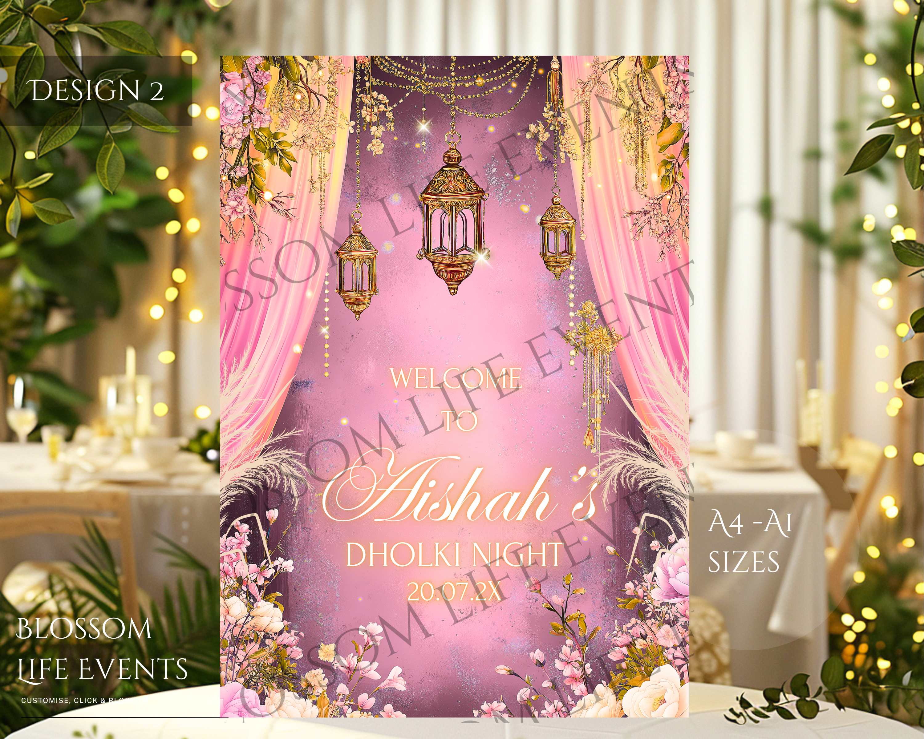 Pastel Dholki & Mehndi Sign A1 | Custom Personalised Wedding Welcome Board UK