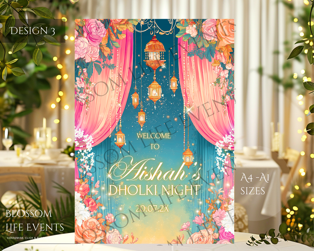 Pastel Mehndi Dholki Sign A1 | Custom Wedding Welcome Board UK